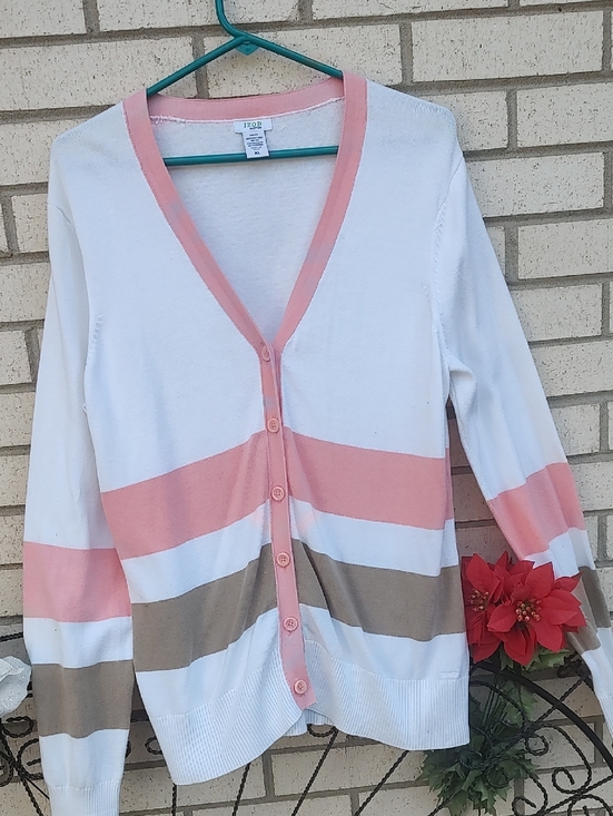 Izod Sweaters - Izod White Pink and Tan Striped V-Neck Cardigan